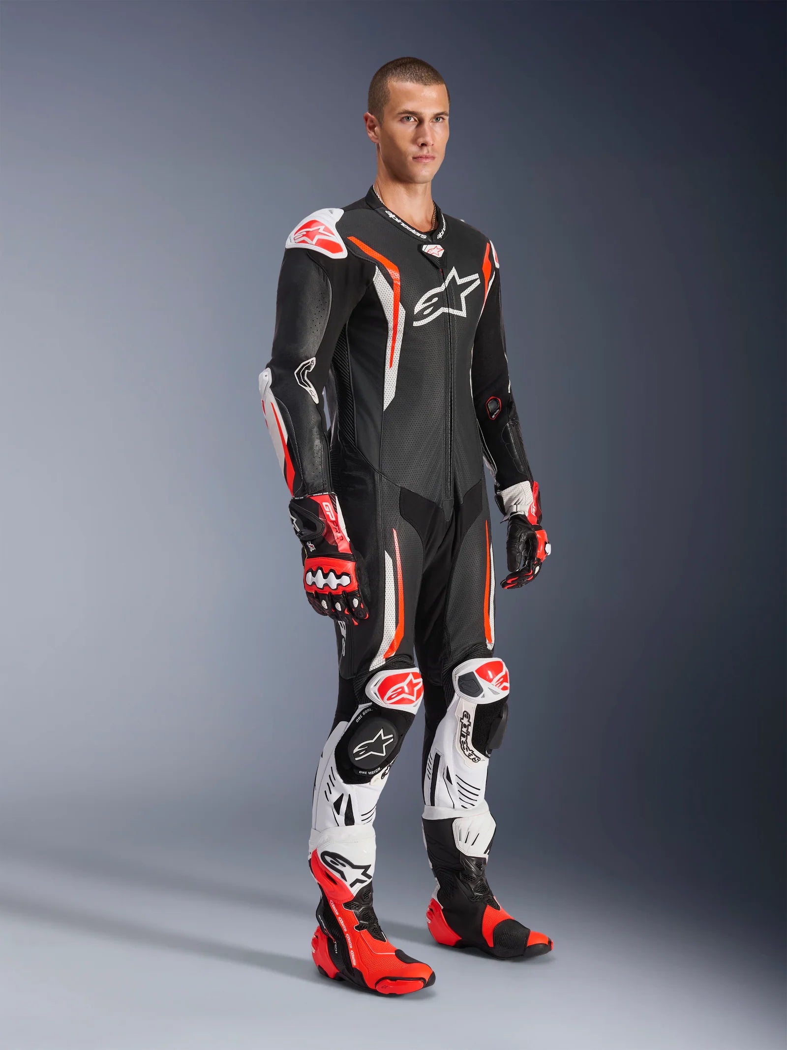 GP-Tech V5 One Piece Racing Suit - White/Black/Fuo Red