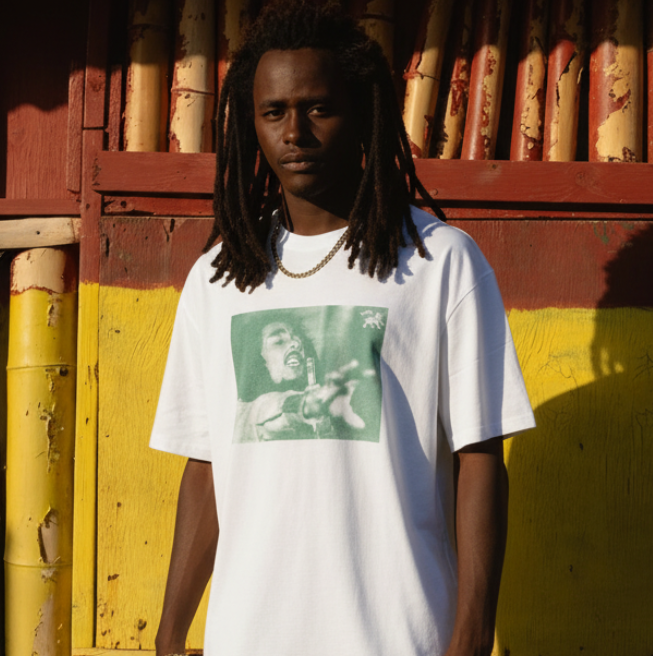 Productfoto met het aangepaste T-shirt en lange dreadlocks