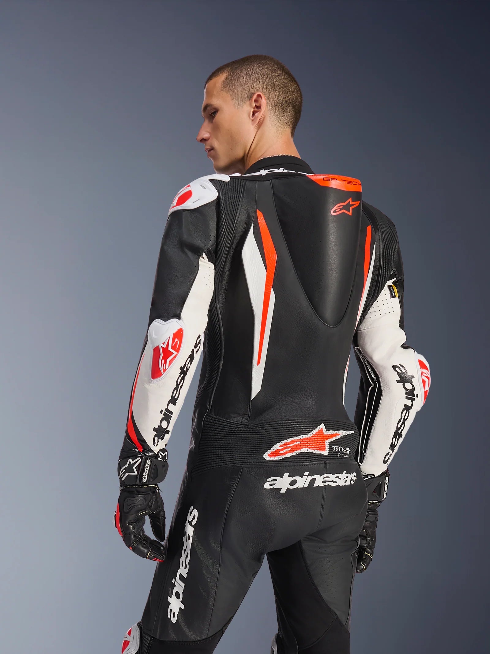 GP-Tech V5 One Piece Racing Suit - White/Black/Fuo Red