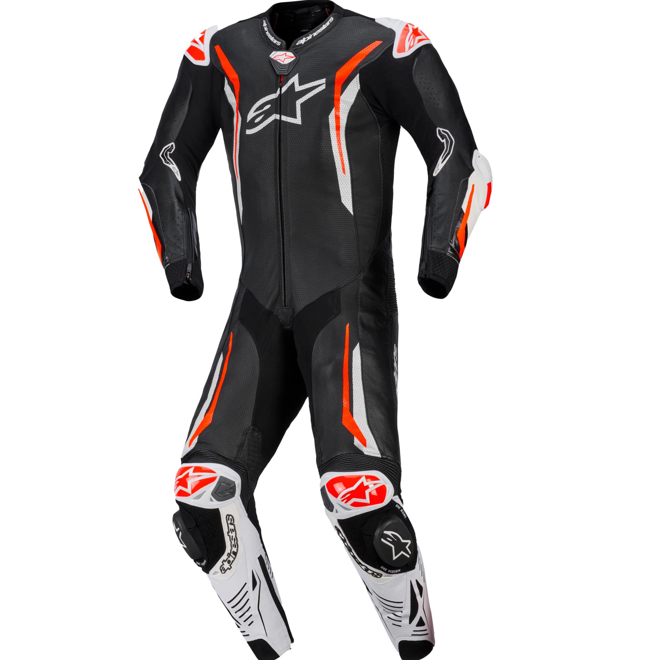 GP-Tech V5 One Piece Racing Suit - White/Black/Fuo Red