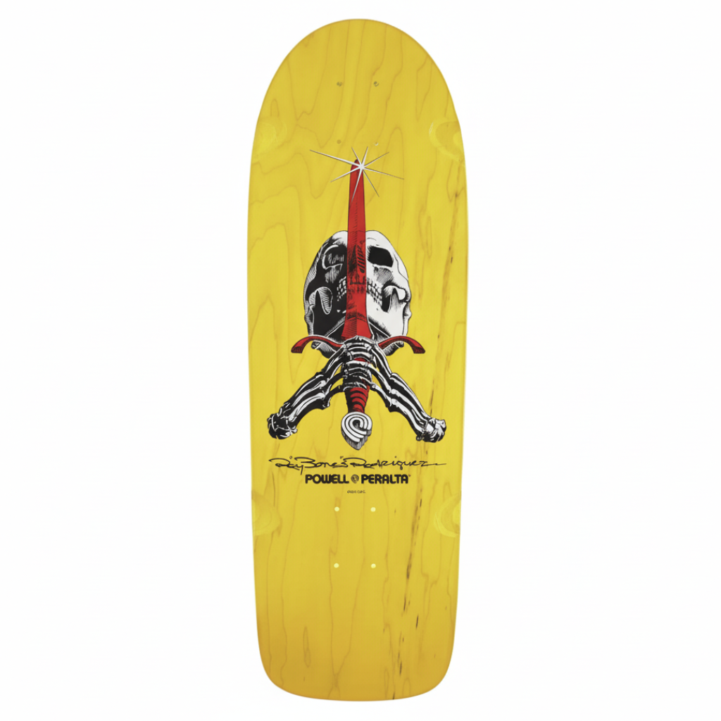 Yellow skateboard on white square background